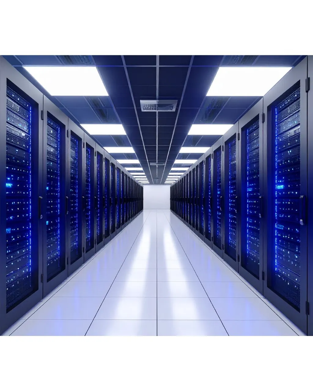 Corridoio di un data center con armadi rack illuminati di blu